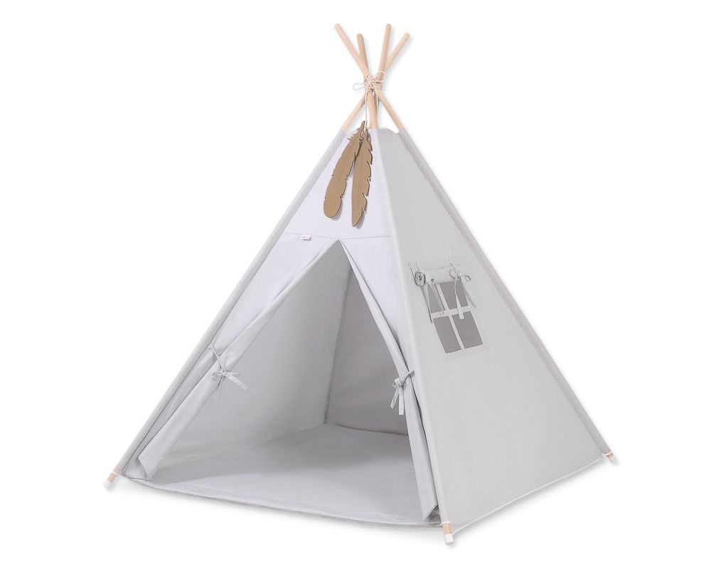 Tipi Zelt für Kinder mit Teppich Grau 150 cm Spielplatz für Innen und Außen aus 100% Baumwolle und Fichtenholz mit Doppelseit