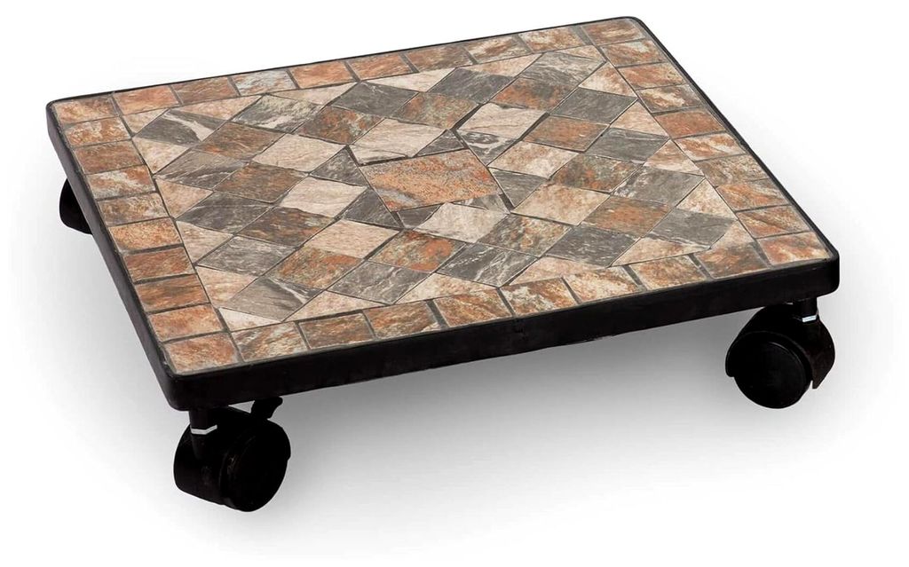 Mosaik Pflanzenroller Vintage Gefäßroller Steinmosaik Blumenhocker Naturstein Tisch mit Rollen (Quadratisch 33 x 33 cm)