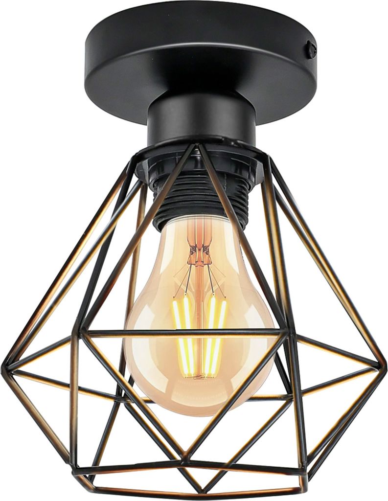 A vintage-style ceiling light with a diamond-shaped metal cage and a visible Edison-style bulb.