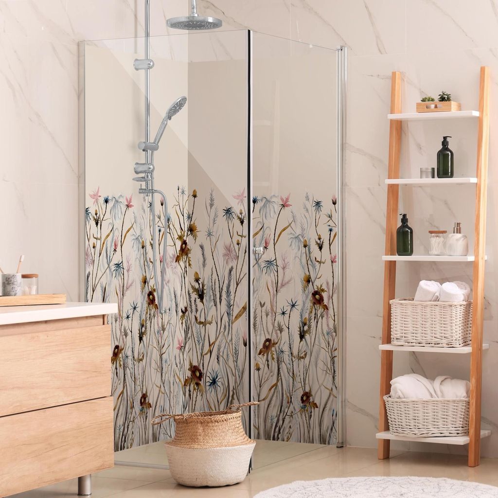 Duschrückwand Blumen selbstklebend - 0.35 mm Wandpaneel wasserfest Blumenwiese beige Vintage Badrückwand fugenlos Smart matt 80x210 cm