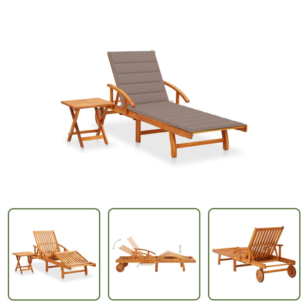 The Living Store Sonnenliege mit Tisch und Auflage Akazie Massivholz