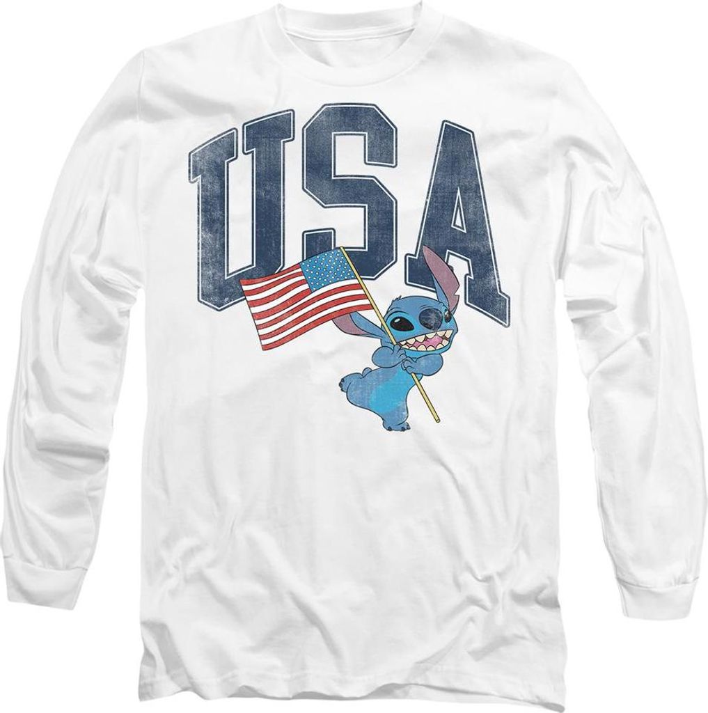Lilo & Stitch - T-Shirt die USA für Herren/Damen Uni Langärmlig TV19874 (XXL) (Weiß)