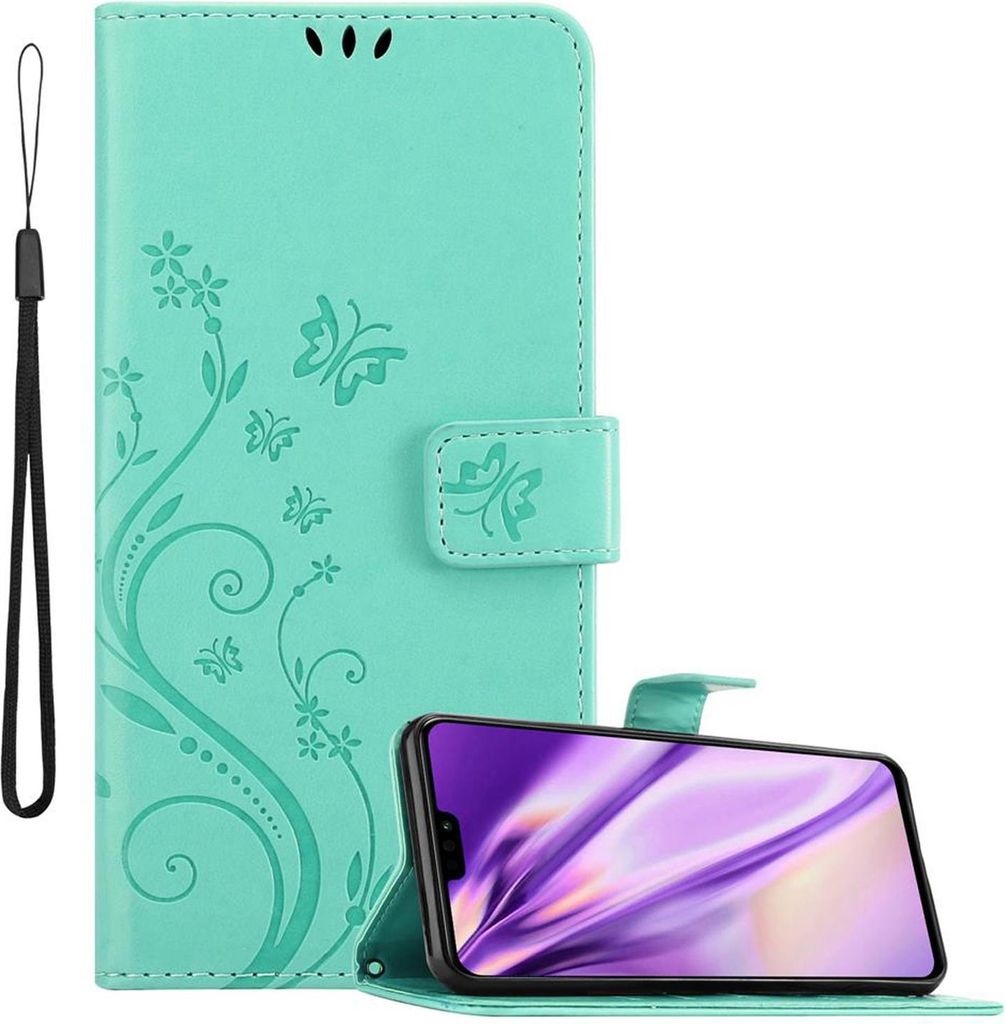 A turquoise flip phone case with a floral and butterfly design is shown open, with a smartphone inside, set against a white background.