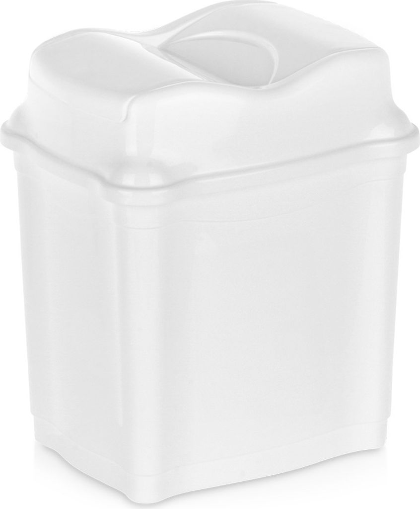 A white plastic trash can with a lid.