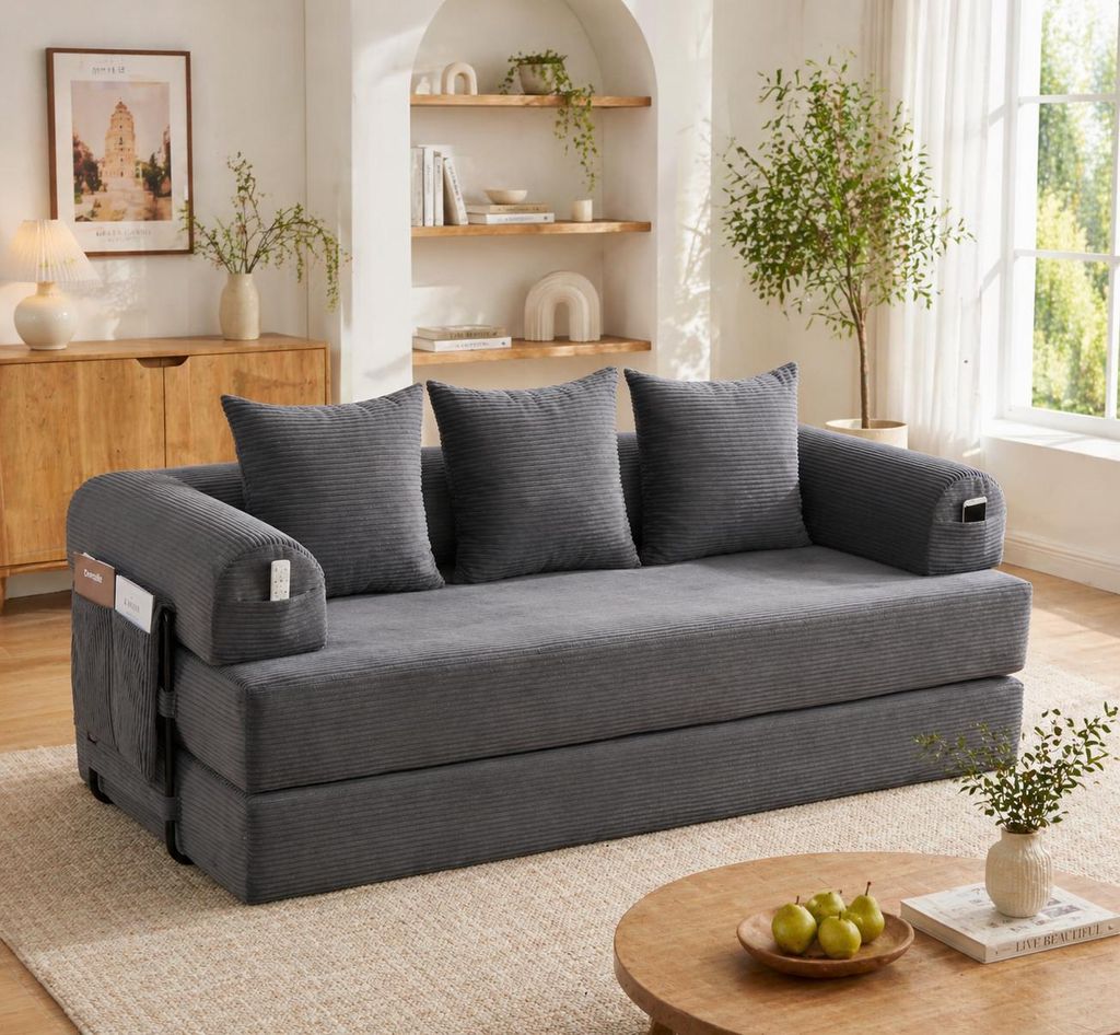 Modular Kompressionssofa Kleines Couch 2-Sitzer mit Metallrahmen Seitentasche Polstersofa Klappbar Wohnzimmer Couchgarnitur inkl 3 Kissen Dunkelgrau