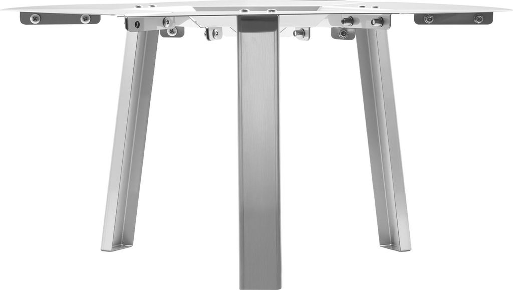 The underside of a table or stand with metal legs.