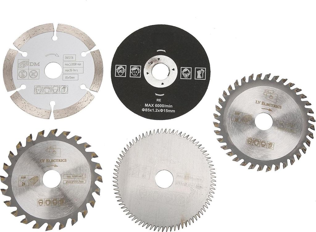 A collection of five circular saw blades on a white background.