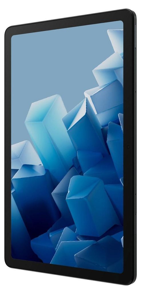 A black tablet is shown from a side angle, displaying a blue abstract wallpaper on its screen.