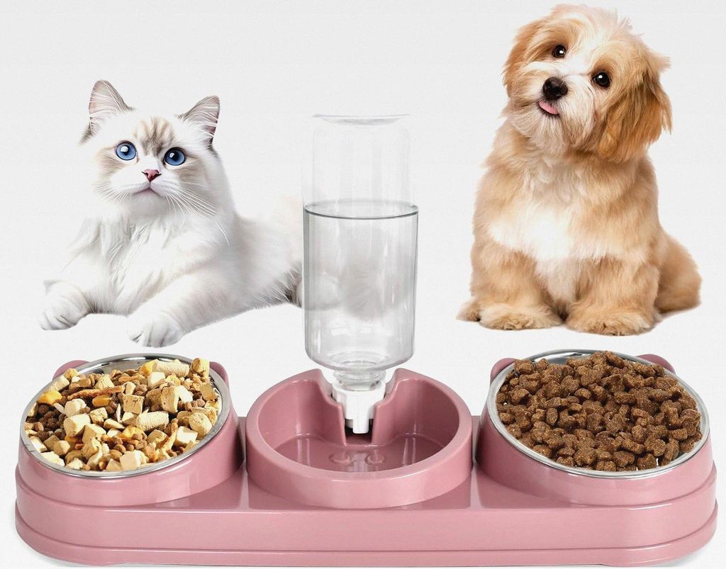 Katzenfutter und Wassernap Set – 3-in-1 Doppelnapf Katzennapf mit 500ml Wasserflasche, Nass und Trockentrennung, Schräger Erhöhter Futterplatz,...