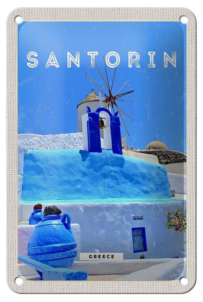 Blechschild Reise 12x18cm Santorini Greece Griechenland blau Schild