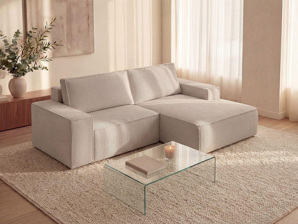 Kleines rechtsseitiges Ecksofa mit Bettfunktion aus beigem Velours – AMELIA