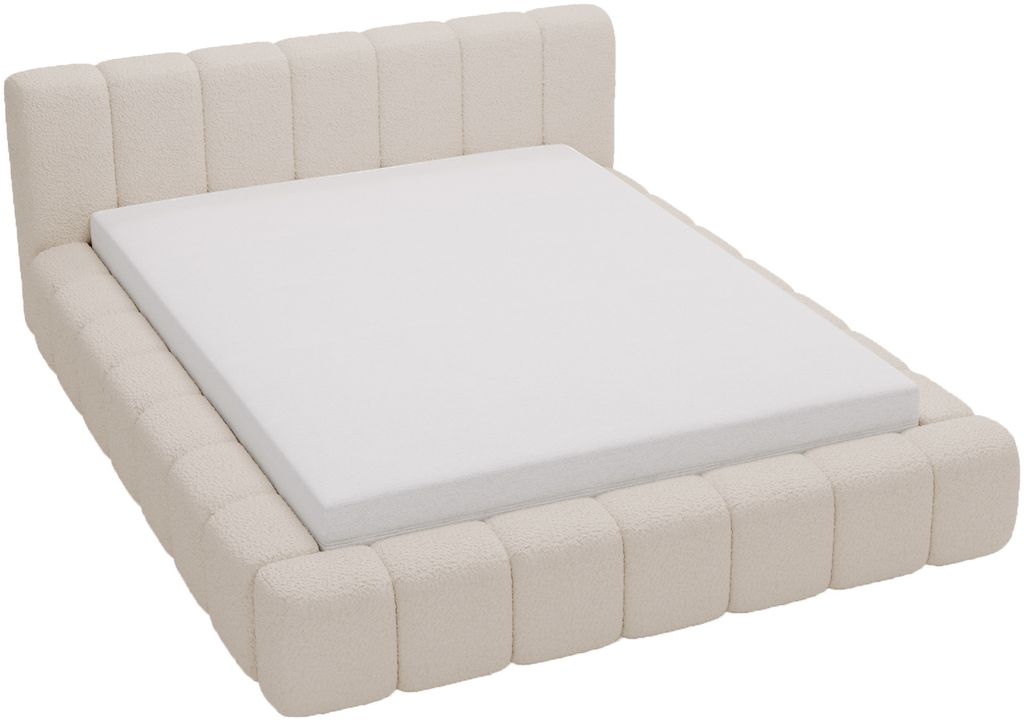A beige upholstered bed frame with a mattress on a white background.