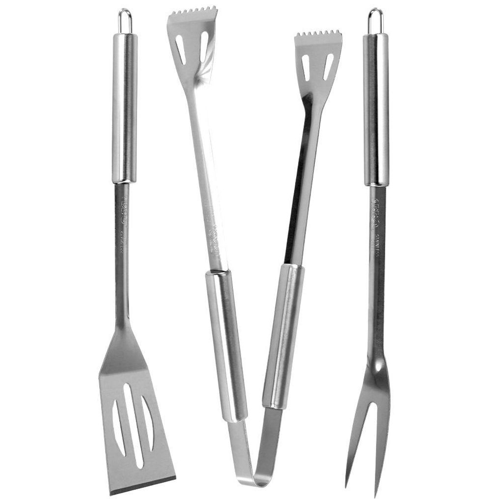A set of four stainless steel grilling utensils, including a spatula, tongs, and a fork, arranged vertically against a white background.