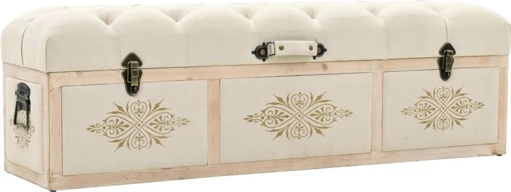 Banc de rangement 110 cm en crème bois de sapin massif et tissu doux