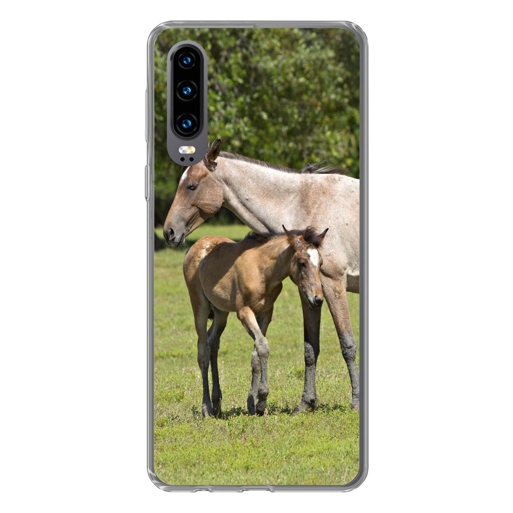 MuchoWow Handyhülle Schutzhülle Hülle für Huawei P30 Pferde - Gras - Schatten Silikon Softcase Handy Hülle - Kartenbesitzer