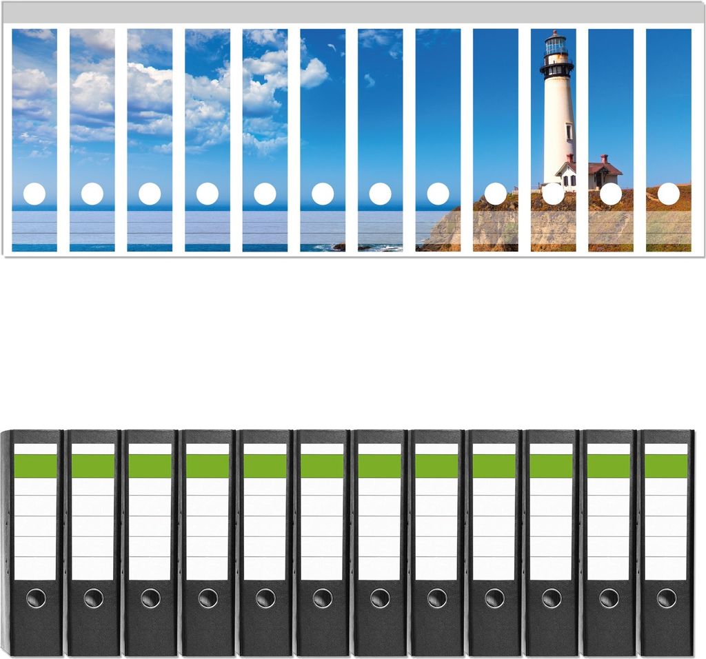 Wallario 12 Stück breite Ordner inkl. Klebeetiketten mit Motive Leuchtturm auf einem Felsvorsprung - Blauer Himmel - Set mit Rückenschildern / O...