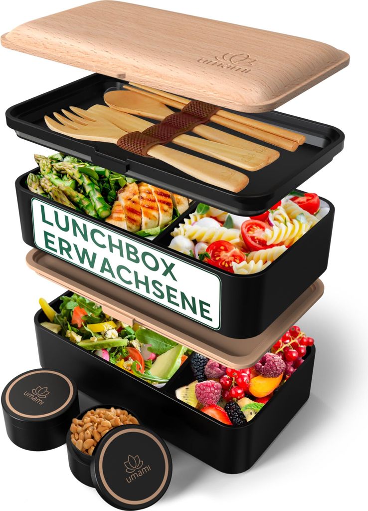 Umami All-in-1 1,2L Bento Lunchbox Erwachsene mit Besteck, 2 Saucenbehältern als Brotdosen Salat, Snack Bento Box, Auslaufsichere Brotdose Erwachs...