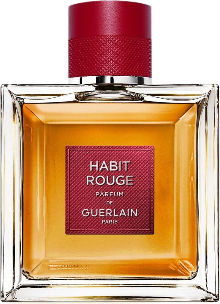 A close-up studio shot of a bottle of Guerlain Habit Rouge Parfum for men.