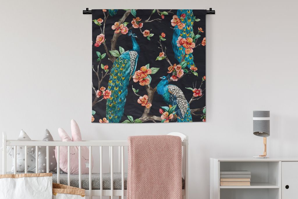 MuchoWow Wandteppich Wandbehang Muster - Pfau - Blüte - Schwarz 90x90 cm Tapisserie Dekoration Wandtuch - Wandaufhänger