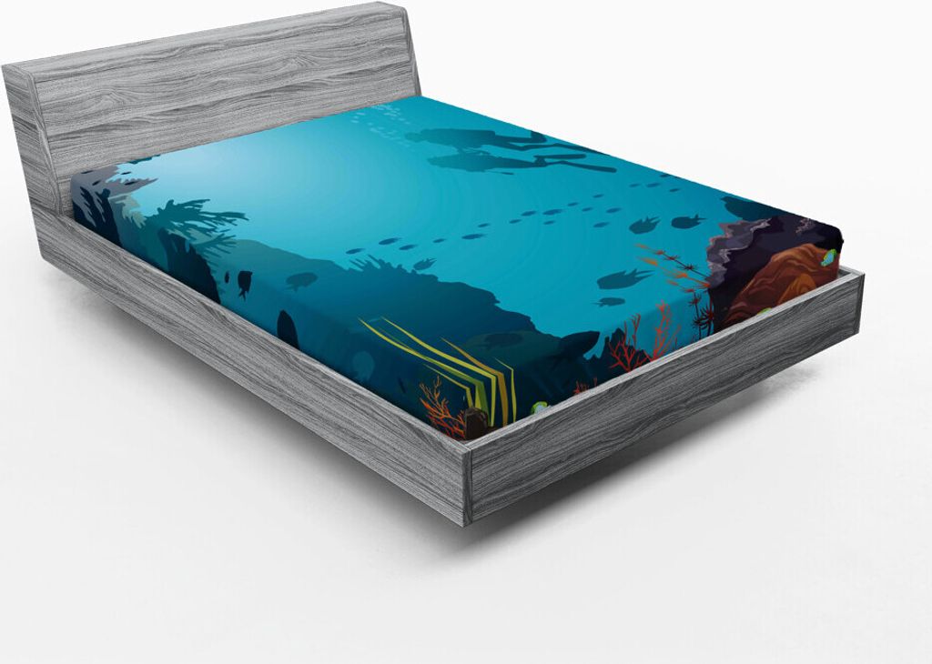 ABAKUHAUS Taucher Spannbetttuch, Zwei Taucher und Korallenriff mit anderen Wasser Figuren Bubbles Schwimmflossen, 140 x 200 cm, Mehrfarbig