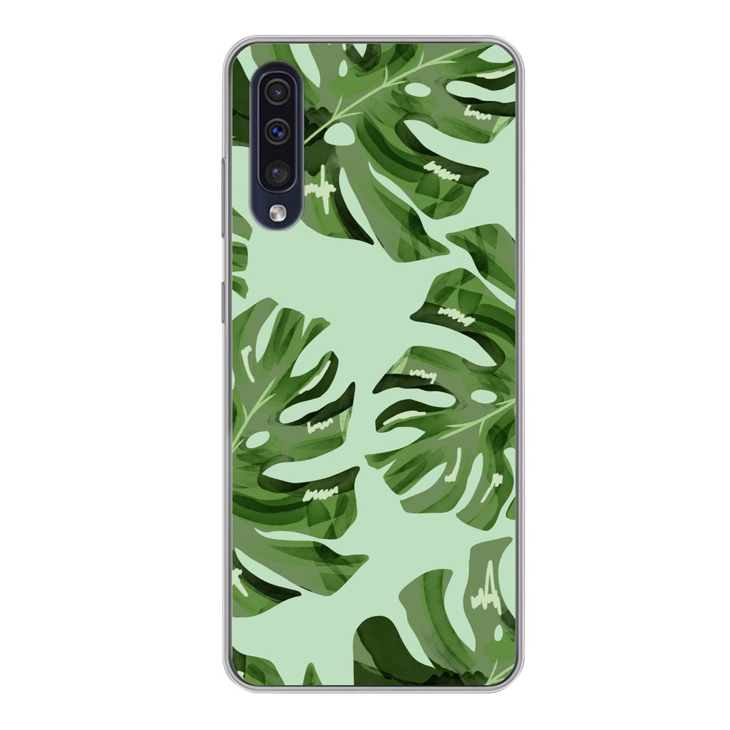 MuchoWow Handyhülle Schutzhülle Hülle für Samsung Galaxy A50 Blätter - Tropisch - Pastell Silikon Softcase Handy Hülle - Mobiltelefonhülle