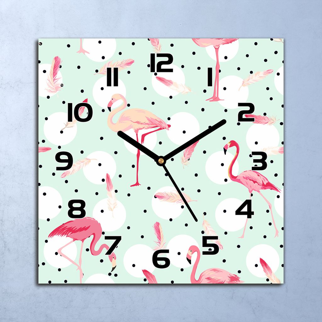 Wanduhr Echt-Glas-Küchenuhr Flamingo rosa grün Quarz 30x30 Produktbild 