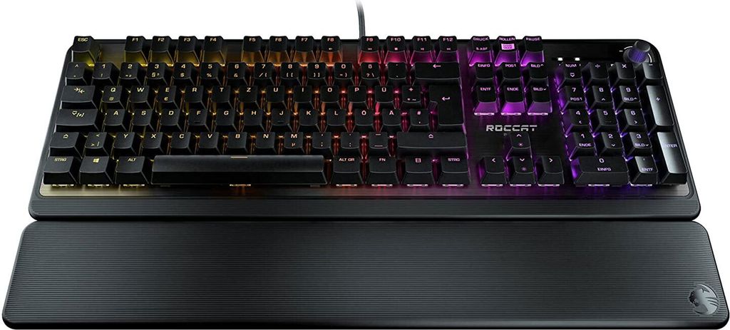 A black Roccat gaming keyboard with RGB lighting and a wrist rest, shown from a front-facing, slightly elevated angle on a white background.