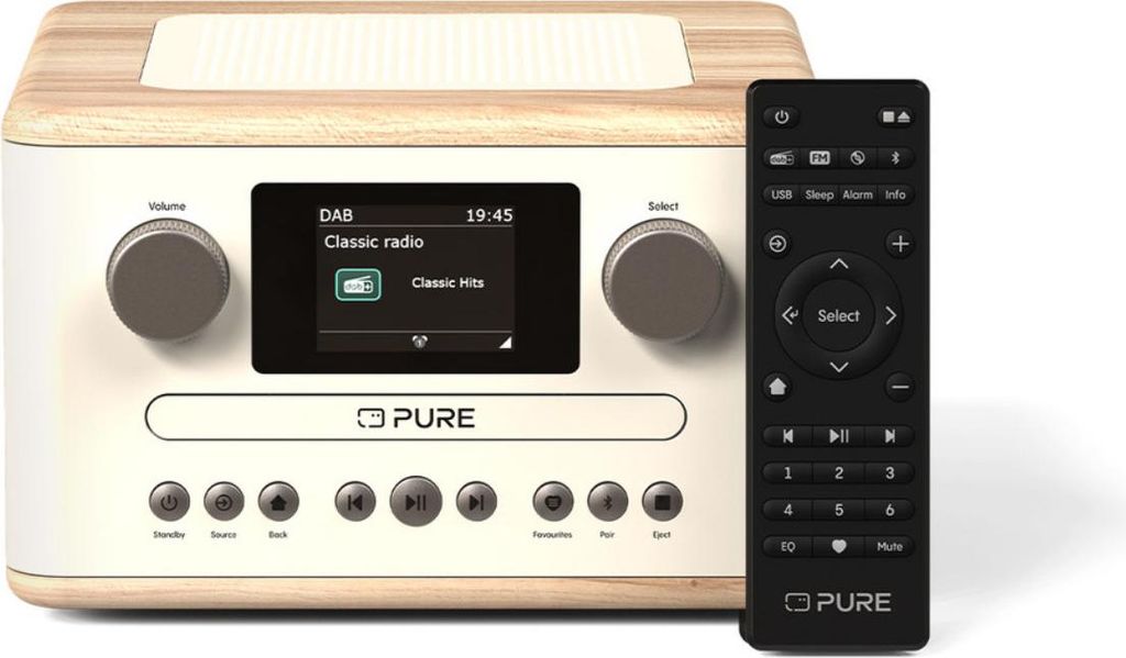 A Pure Classic C-D4 radio and its remote control are shown against a white background.