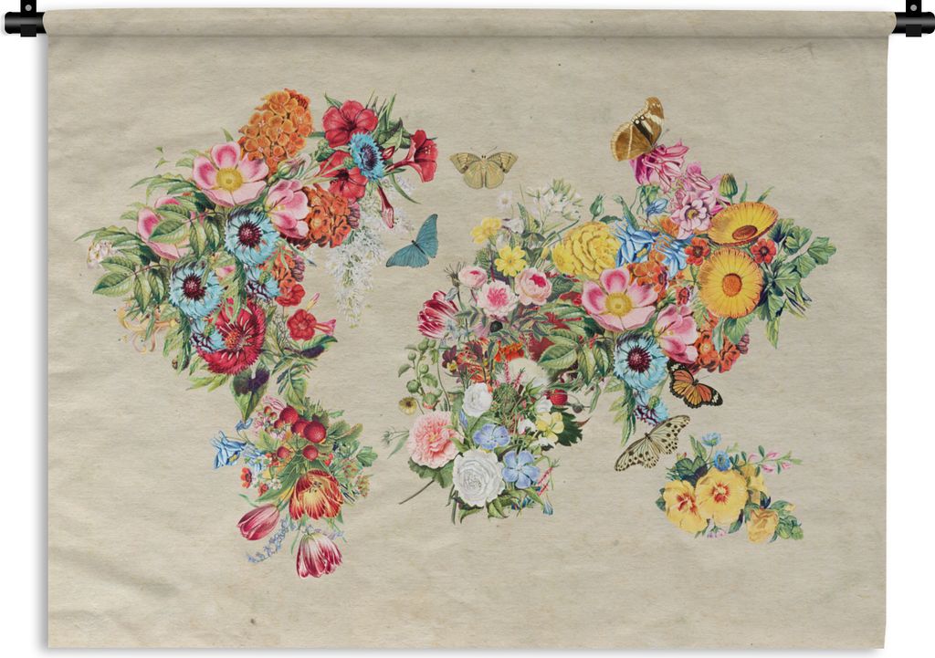 MuchoWow Wandteppich Wandbehang Weltkarte - Vintage - Blumen 120x90 cm Tapisserie Dekoration Wandtuch - Wohnen - Aufhänger für die Wand