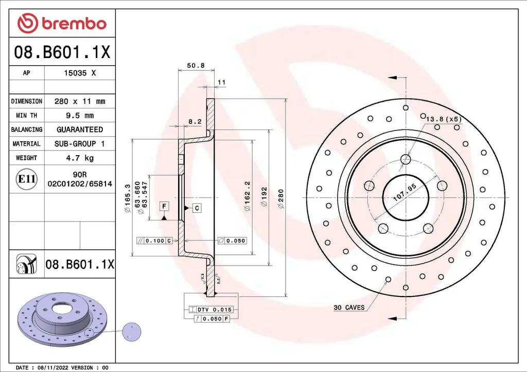 Disque de Frein Arrière Brembo 08.B601.1X pour Ford Kuga Mk2 et Transit