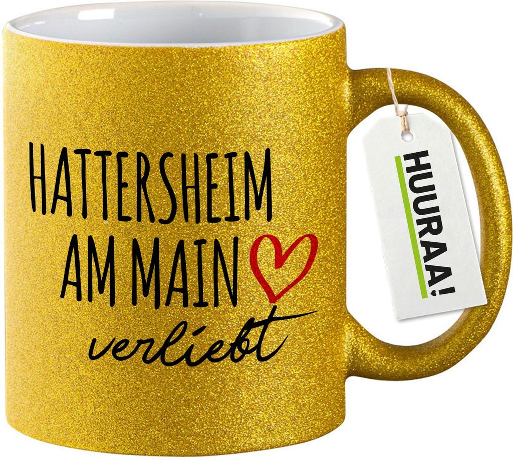 Huuraa Glitzertasse Hattersheim am Main verliebt 330ml Gold Keramik Kaffeebecher Geschenkidee