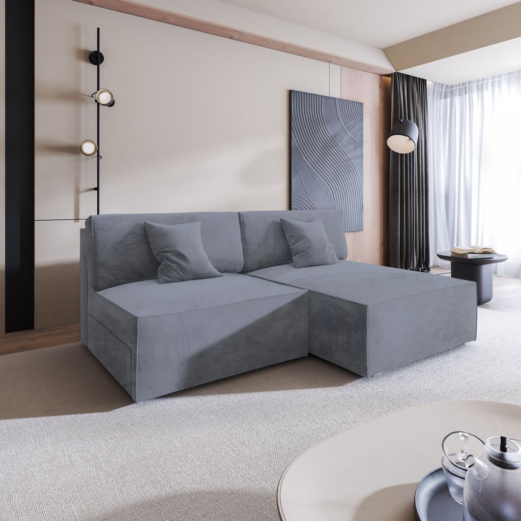 Masseno Ecksofa FIORO M mit Schlaffunktion L-Form, Sofa mit Bettkasten, Wohnzimmersofa, Couch, Soffa, Bettsofa, Couchgarnitur- Grau, MONOLITH 85