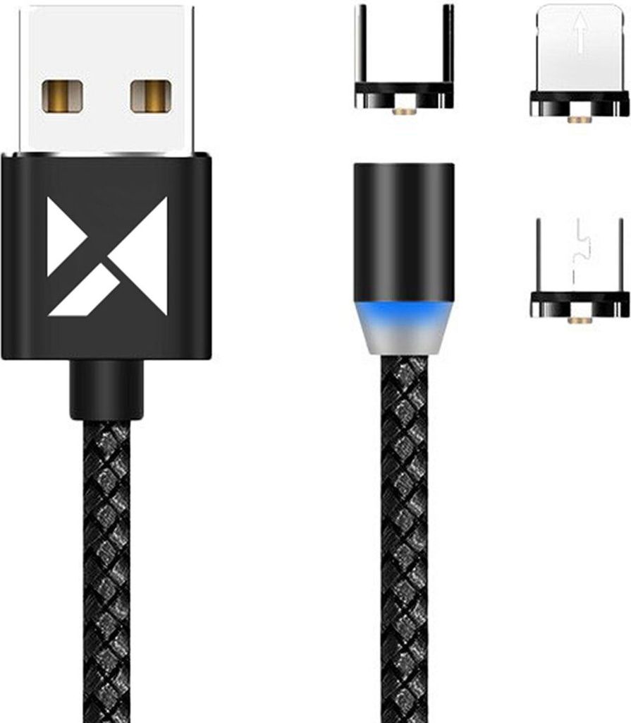 Wozinsky Magnetkabel USB / Micro USB / USB Typ C / Lightning Kabel mit LED schwarz, 1m (WMC-01)
