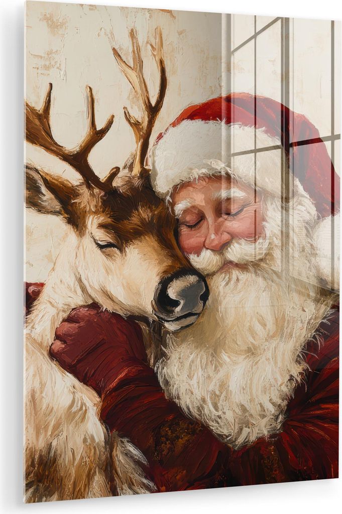 MuchoWow Glasbilder - Bilder auf Wandbild - Foto auf Glas Weihnachtsmann - Rentier - Weihnachten 60x80 cm Wanddekoration aus Glas - Acrylglasbild -...