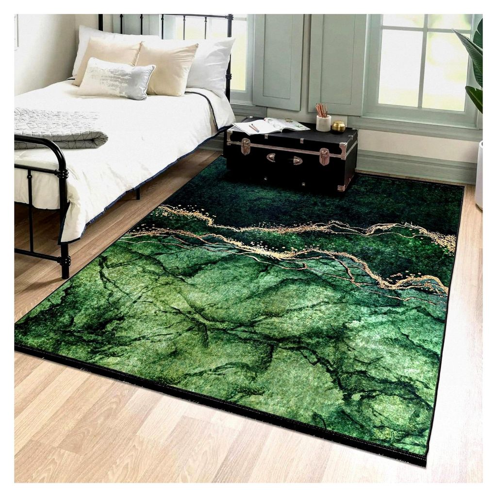Moderner Teppich - Kurzflor Waschbar - Weicher Teppich für Wohnzimmer, Schlafzimmer, Esszimmer – Teppich mit Marmor Abstrakt Muster - Flaschengr...