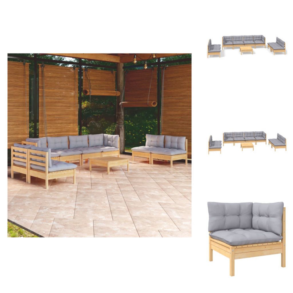 vidaXL 9-tlg. Garten-Lounge-Set mit Grauen Kissen Kiefer Massivholz - Gartenmöbel-Sets