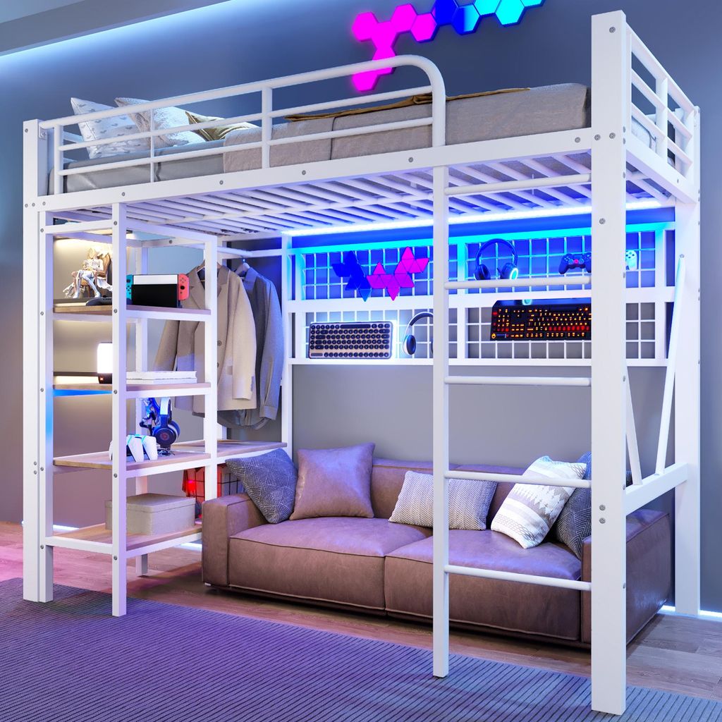 Hochbett, Eisenrahmen, Netz zum Aufhängen von Gegenständen, mit Kleiderstange und LED-Lichtleiste, offener Raum unter dem Bett, 90x200cm, weiß