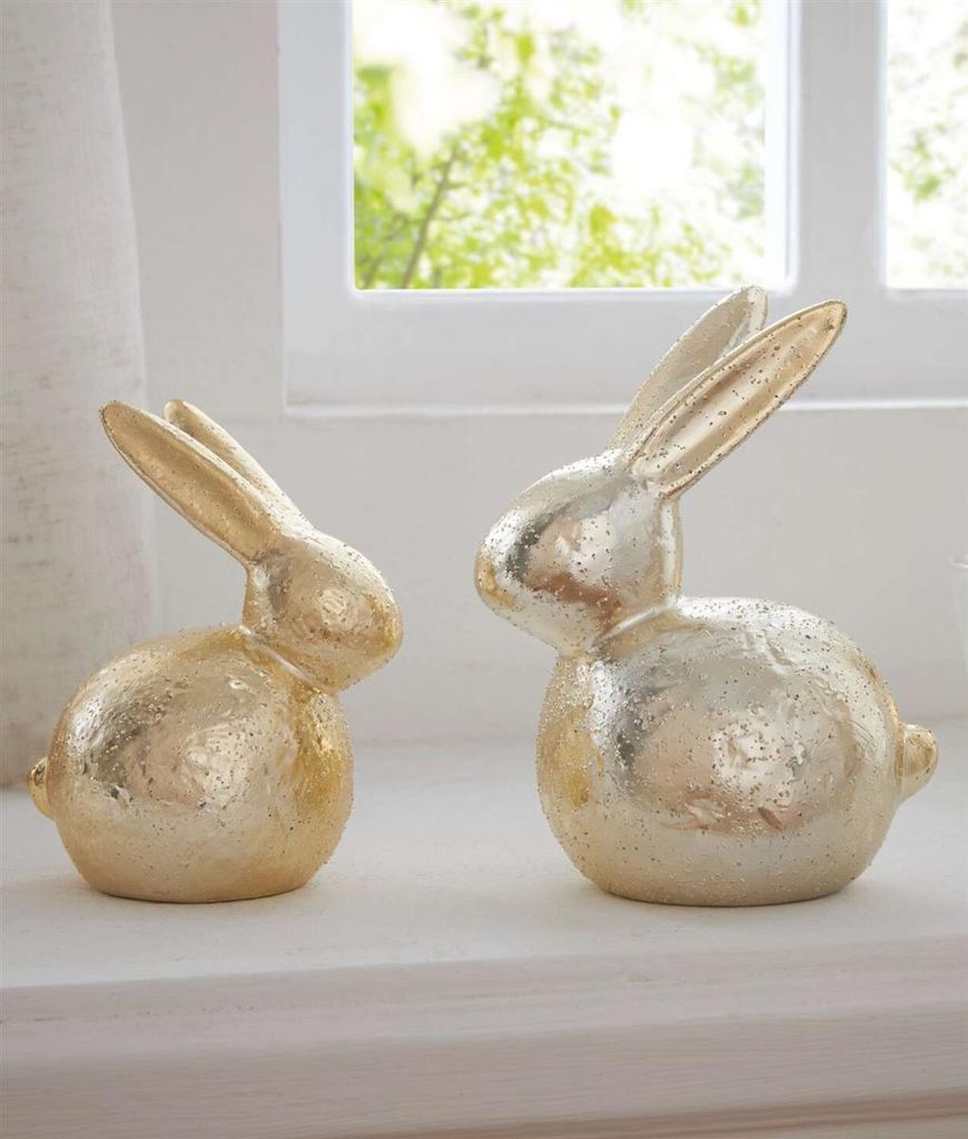 2x Dekofigur "Gold-Hase" aus Porzellan gold, 12 + 15 cm hoch, Osterhase, Osterdeko, Osterfigur