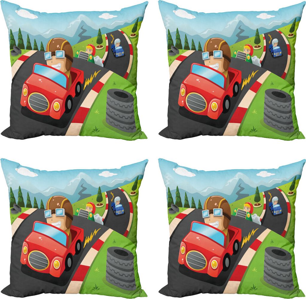ABAKUHAUS Sport Kissenbezug Set (4 Stück), Autorennen Jungen, Moderner Doppelseitiger Digitaldruck, 50 cm x 50 cm, Mehrfarbig