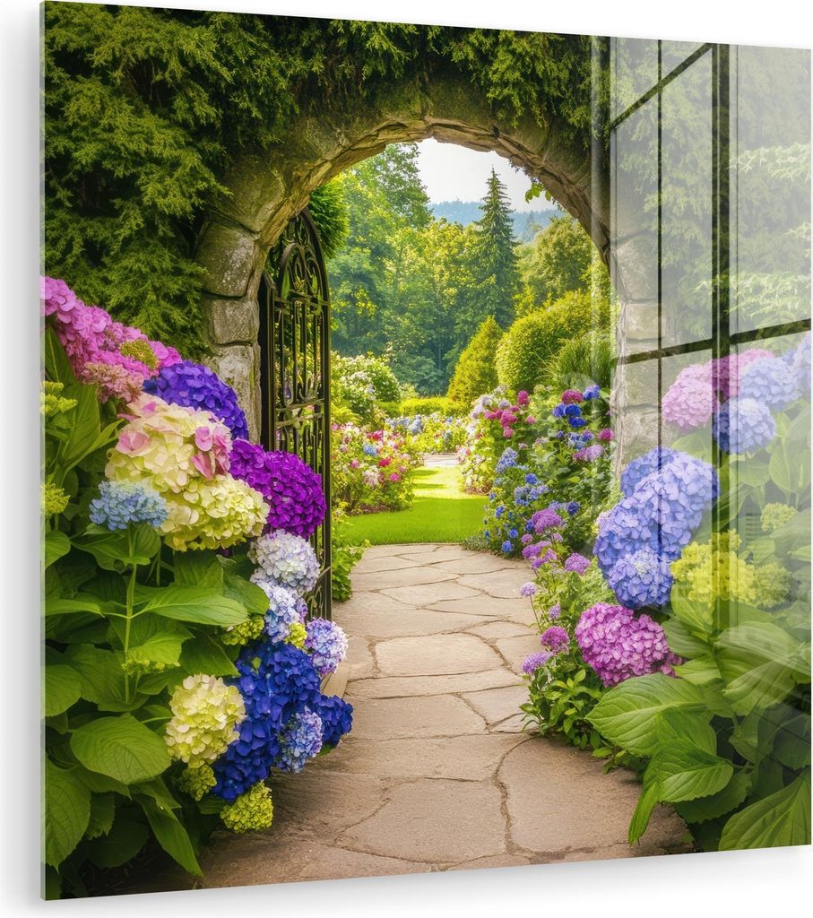 MuchoWow Glasbilder - Bilder auf Wandbild - Foto auf Glas Aussicht - Tor - Hortensie - Blumengarten 50x50 cm Wanddekoration aus Glas - Acrylglasbil...
