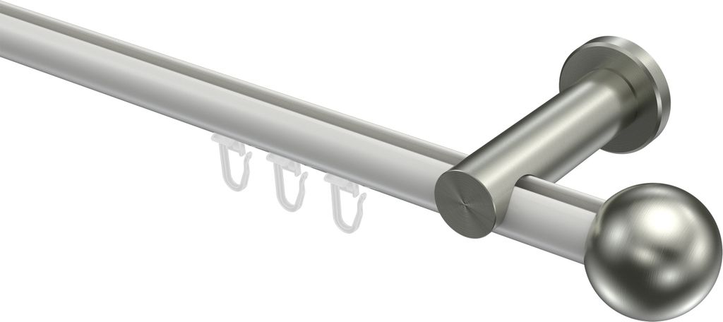 Interdeco Innenlaufstange / Gardinenstange mit Innenlauf Weiß / Edelstahl-Optik, Typ Platon Luino (Kugel), 20 mm Ø 1-läufig, 240 cm