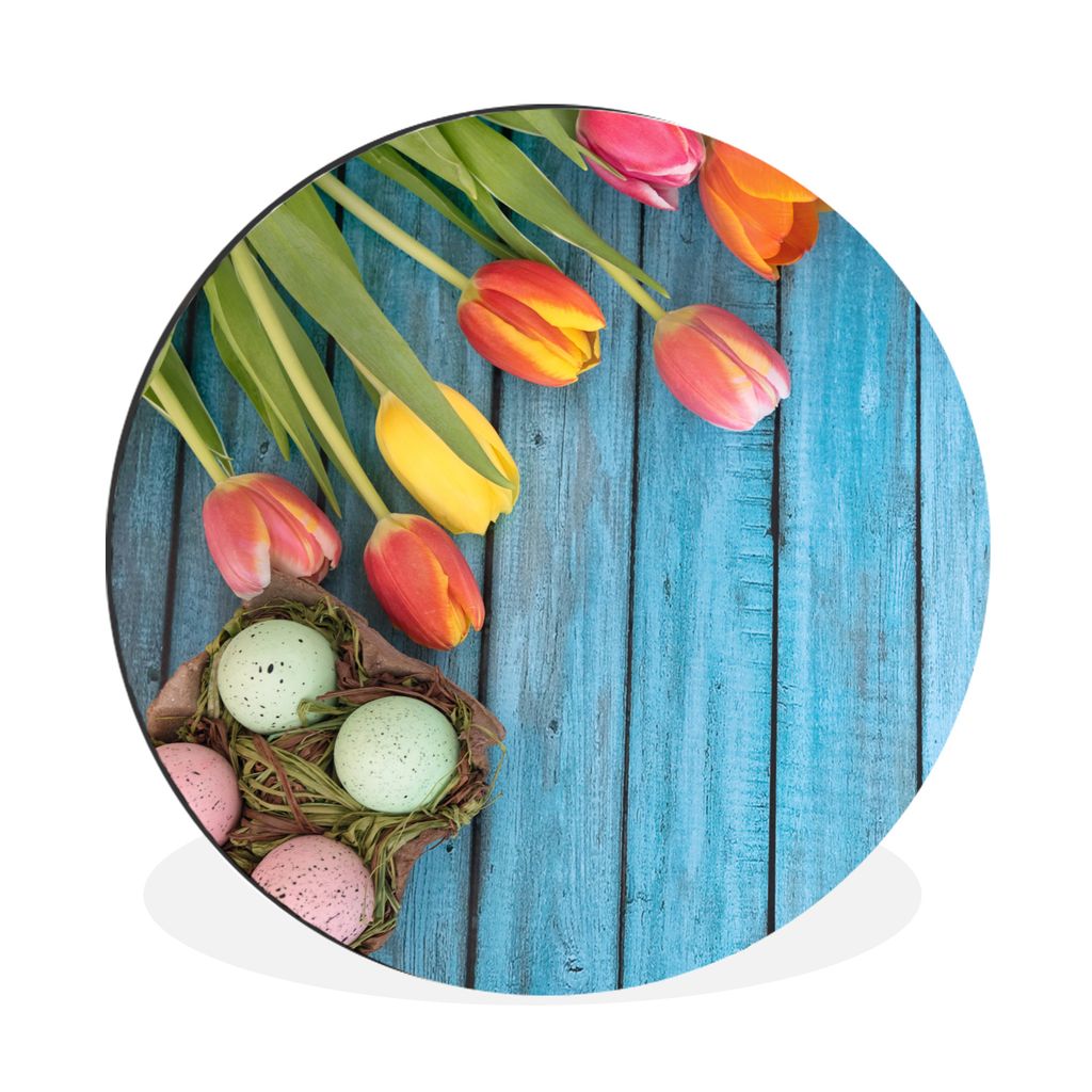 MuchoWow Aluminium Wandkreis Ostereier und bunte Tulpen zu Ostern auf einem hölzernen Hintergrund Ø 90 cm Wanddeko Modern Wohnzimmer - Mauerkre...