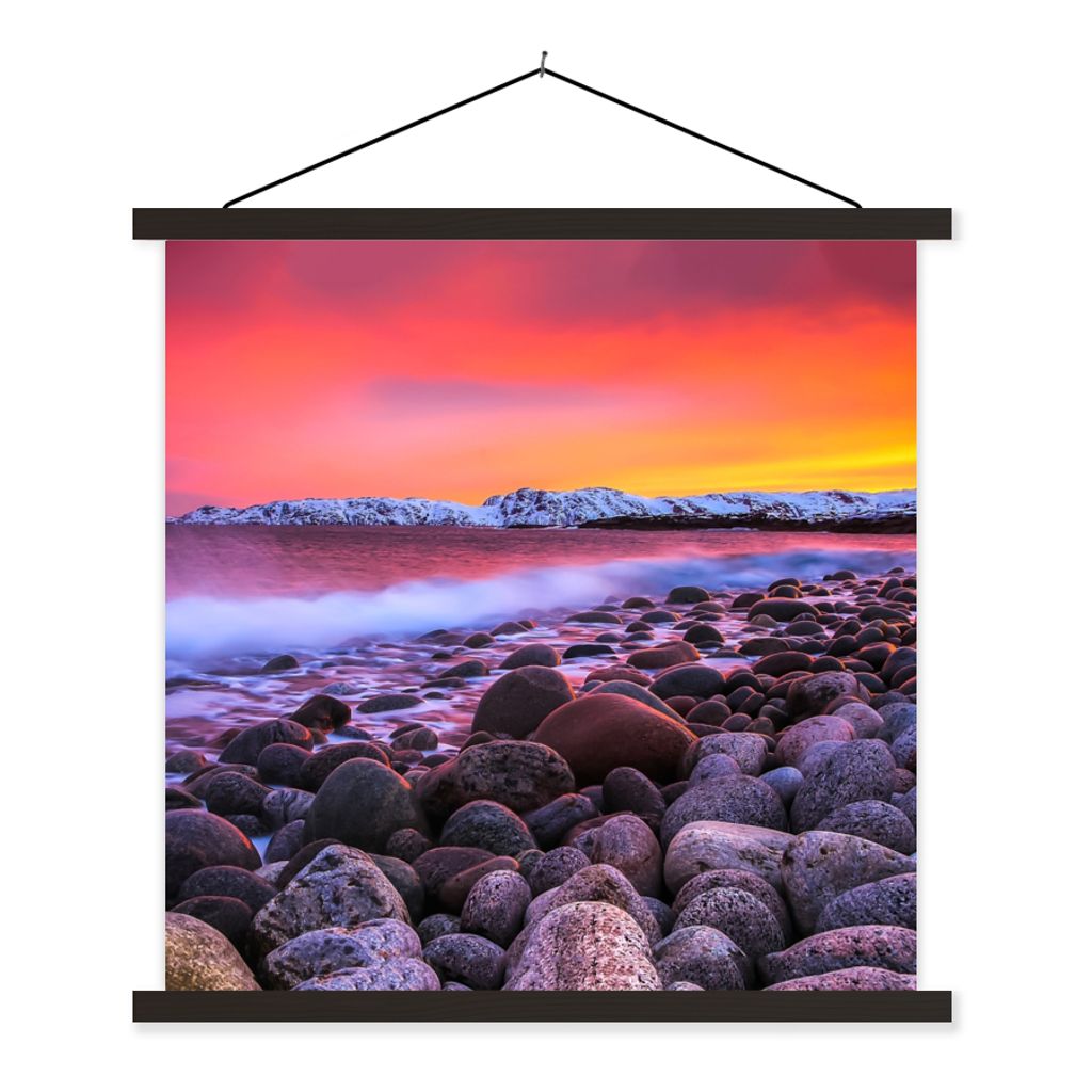 MuchoWow Textilposter Sonne - Steine - Schnee - Landschaft - Wasser 90x90 cm mit schwarzem Rahmen - Magnetisches