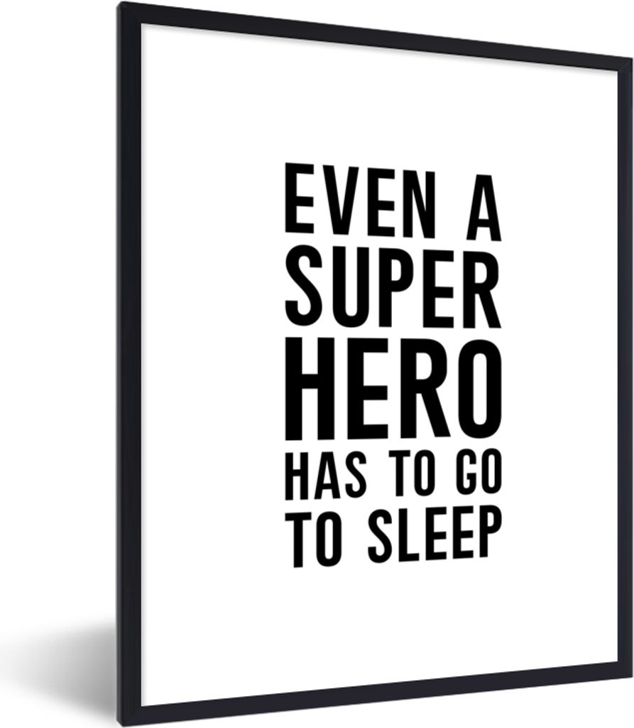 MuchoWow Gerahmtes Poster Zitate - Jungs - Auch ein Superheld muss mal schlafen - Sprichwörter - Kinder 60x80 cm - Poster mit Schwarzem Bilderra...