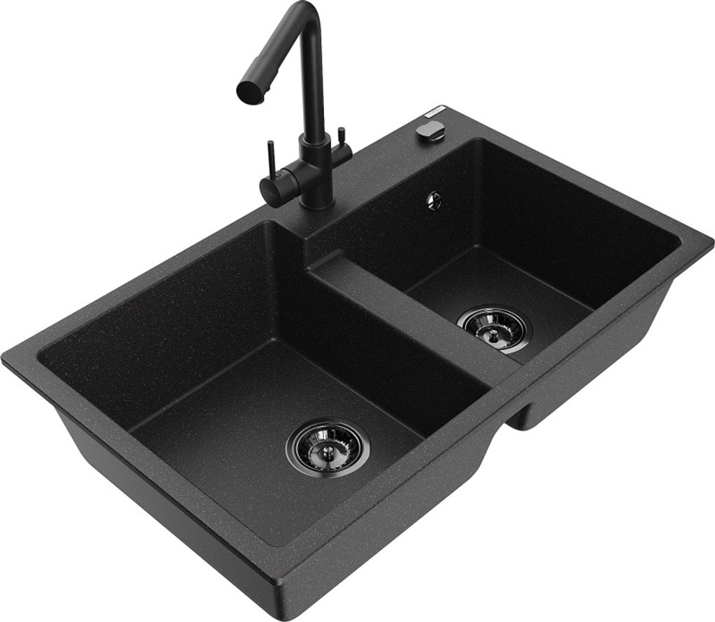 Mexen Tomas 2-Becken-Granitspüle mit Mischbatterie Duero, Schwarz/Silbermetallic - 6516-73-671600-70-B