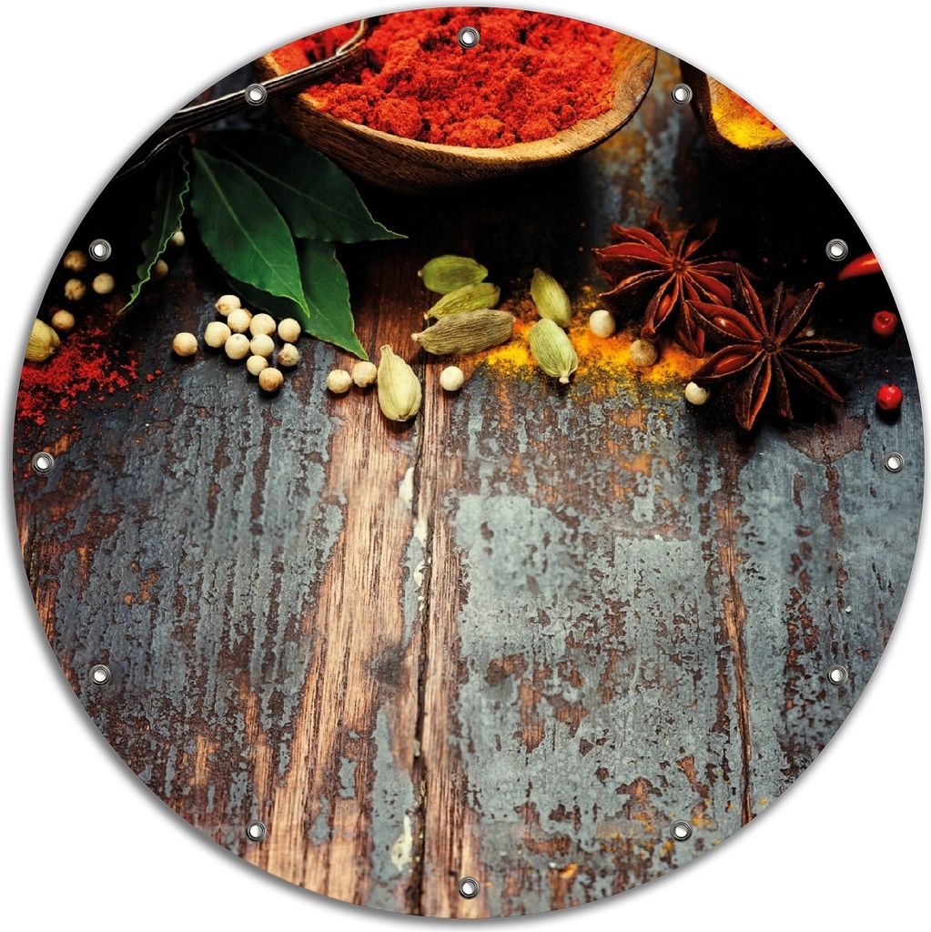Wallario rundes Outdoor-Poster für Garten oder Balkon, Motiv Gewürze auf Holz - uriger Holztisch in der Küche, 90 cm Durchmesser