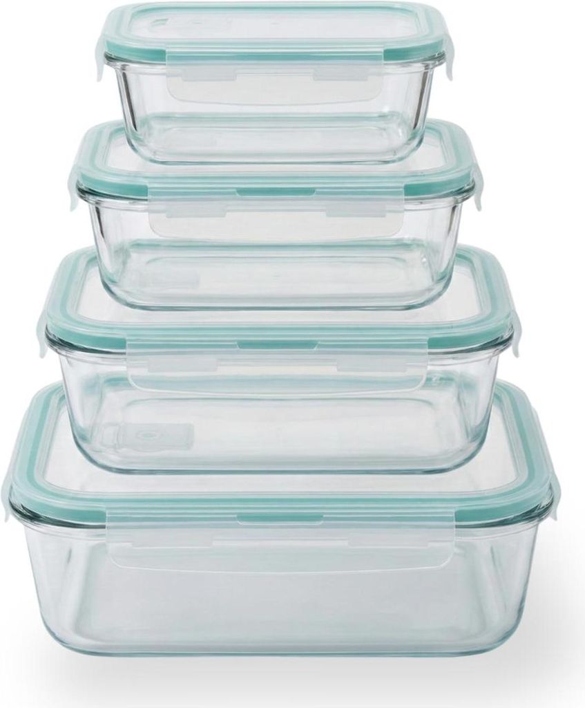 Glas Lunchbox Set 4-teilig – Lebensmittelbehälter aus hitzebeständigem Glas, auslaufsicher, 370–1520 ml