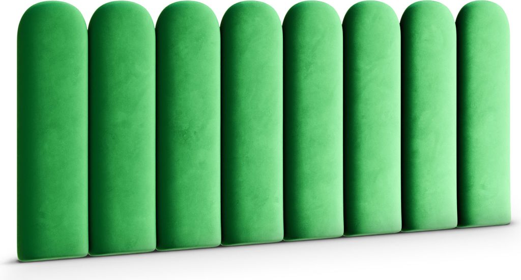 A row of seven green upholstered wall panels with rounded tops, arranged side-by-side against a white background.