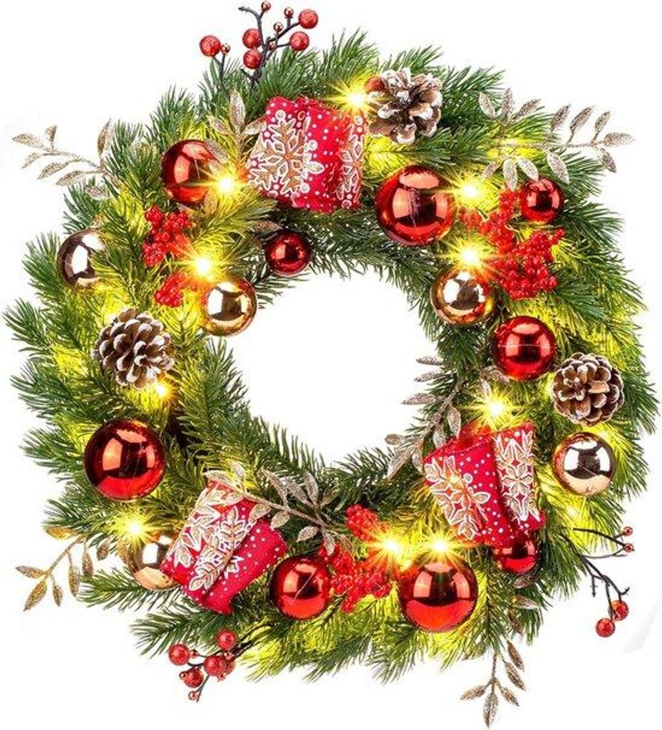 Kerstkrans 40 cm mit LED-Beleuchtung, Timer und Batteriebetrieb - Rote Kerstbälle und Tannenäpfel - Dekoration für Türen und Adventszeit - Fest...
