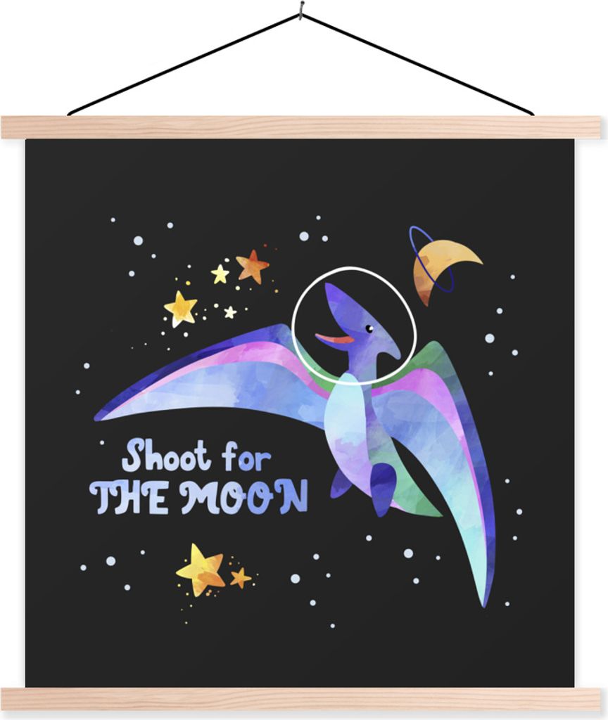 MuchoWow Textilposter Zitate - Sprichwörter - 'Auf den Mond schießen' - Raumfahrt - Kind - Jungen - Kinder - Kinder 40x40 cm mit holzfarbenen R...